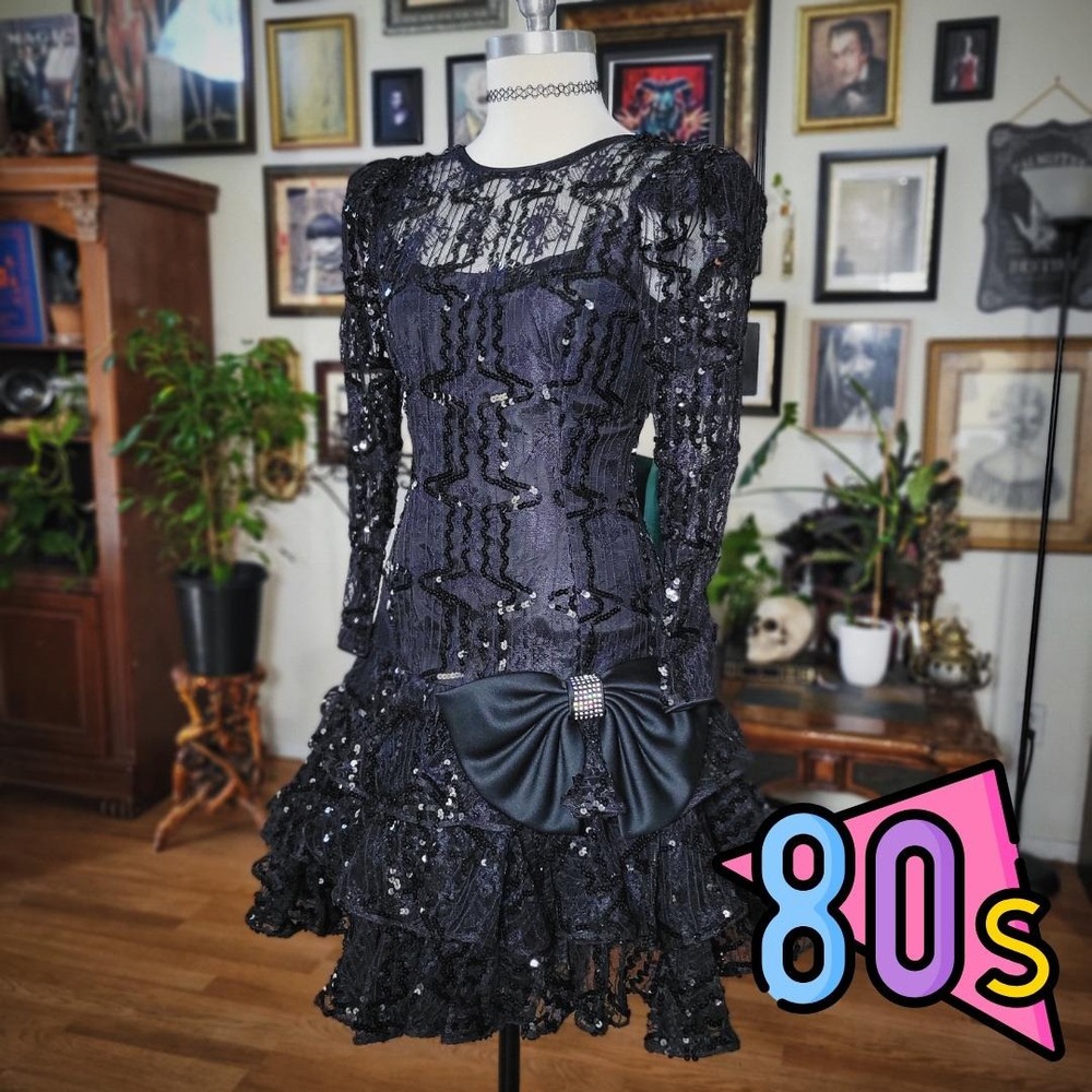 Neiman Marcus Cocktail Dress Julie Duroche Vintage 80s After Five Sequin Bow